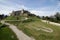 Tourists walk inside the Rasnov medieval fortified church fortress, castle, citadel