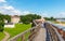 Tourists walk on the walls of the Kremlin in Novgorod the Great