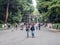 Tourists walk at the way path to Meiji shrine, Tokyo, Japan