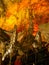 Tourists walking on path among the illuminated stalactites and stalagmites