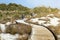 Tourists walking on wooden walkway by the beach at Tauparikaka Marine Reserve, Haast, New Zealand