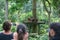 Tourists watch a feeding of Orangutans in Sepilok