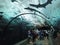 Tourists watch swimming sharks from below