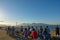 Tourists watching Bridge Golden Gate at sunset