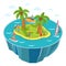 Tourists water activities entertainments on island beach vector illustration isometric. Windsurfing, surfing, jet skiing