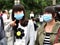 Tourists in xi \'an wearing a mask to hide to admire the view micrometeorology pollution advocate healthy to swim