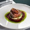 Tournedos Rossini. Foie gras, Black Angus beef tenderloin, with red wine sauce. Fillet mignon steak with Foie Gras.