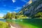 Tourquise clear Seealpsee with the Swiss Alps (mountain Santis), Appenzeller Land, Switzerland