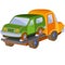 Tow truck carrying confiscated or rolled car, cartoon illustration, isolated object on white background, vector