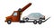 Tow truck. Cool flat towing truck with broken car. Road car repair service assistance vehicle with damaged or salvaged