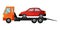 Tow truck. Cool flat towing truck with broken car. Road car repair service assistance vehicle with damaged or salvaged