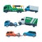 Tow Truck or Wrecker Moving Disabled or Impounded Motor Vehicle Vector Set