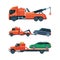 Tow Truck or Wrecker Moving Disabled or Impounded Motor Vehicle Vector Set