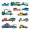 Tow Trucks Set, Evacuation Vehicles Transporting Cars, Road Assistance Service, Side View Flat Vector Illustration