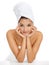 Towel, cosmetics studio and portrait of woman for morning routine, self care treatment or grooming. Skincare, relax and