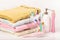 Towel, hairbrush, toothbrushes and shampoo