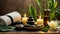 Towel, lotus flower, cosmetic oil, candle black stones leaves relax herbal bath wellness