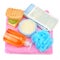 Towel, soap, shampoo, sponge