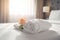 towel window comfortable flower bath welcome spa bedchamber modern bed. Generative AI.