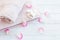 Towels and bath salt and rose petals. Background. The concept of