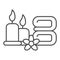 Towels with flower and burning candles thin line icon, spa salon concept, Massage, wellness and spa sign on white
