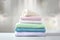 Towels folded stack.Colorful linen.Household. Laundry pile.Shower items. Hygiene concept