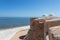 Tower of the Borj el Kebir Castle with background of Mediterranean sea in Houmt El Souk in Djerba, Tunisia