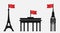 Tower, Brandenburg gate and Big Ben with red flag - Communist and socialist revolution in France, Germany, Great Britain