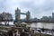 Tower Bridge of London snowing winter day.