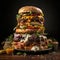 Tower of burgers on dark background