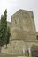 Tower of the Castillo de Santiago in Sanlucar de Barrameda, Cadiz, Andalusia, Spain. Vertically