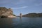 Tower of the Church of San Juan Evangelista in the Ribarroja reservoir, Aragon, Spain