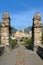 The tower of the church with stone columns in bobbio village in italy