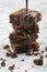 Tower of classic chocolate brownies with walnuts and melted chocolate