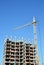 Tower Crane and Building Constructors on Construction Site. Building with two cranes on construction site with builders.