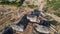 Tower crane during construction of a residential building. Cranes on formworks. Arial view of the construction the multi-storey