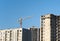 Tower cranes constructing a new residential building at a construction site against blue sky.