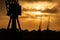 Tower cranes on River Thames, London, UK at sunset