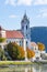 Tower in Durnstein town in autumn, Wachau valley, Austria