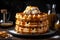 Tower of fluffy golden brown Belgian waffles with drizzle of maple syrup, dollop of whipped cream. AI generated