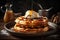 Tower of fluffy golden brown Belgian waffles with drizzle of maple syrup, dollop of whipped cream. AI generated