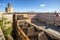 Tower of fortified Alcazaba castle and Plaza Alta in Badajoz, Extremadura, Spain