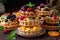 tower of fruit pies, with each pie topped with a different fruit