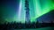 Tower Illuminated With Vibrant Green Lights in the Night Sky, A stunning depiction of the Northern Lights viewed as a natural form