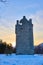 The Tower of Invermark Castle stands proudly at the Foot of Glen Esk in the Angus Glens one winters evening.