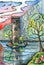 Tower on the island in the lake surrounded by trees. Fantasy drawing