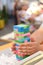 A tower made out of colorful jenga blocks