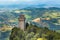 Tower Montale, Republic San Marino. Aerial top view of landscape valley and hills of suburban district