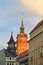 Tower of the Nikolaikirche in Leipzig shines in the evening sun