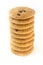 A tower of oatmeal cookies with chocolate chips stacked on a white isolated background